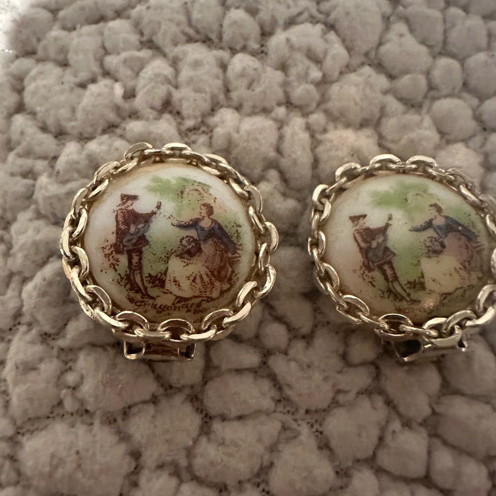 Vintage Gold-Tone Clip-On Earrings with Pastoral Scene